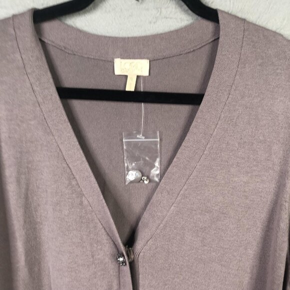 LOGO Lavish Cardigan Sweater Womens XL Taupe Longline Embellished Lace Pockets - Picture 11 of 16